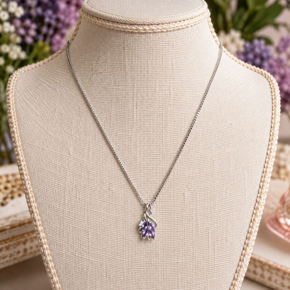 Purple Crystal Floral Pendant Necklace Silver Tone Marquise Rhinestone Vintage